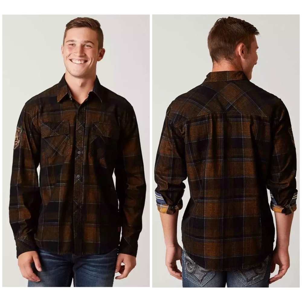 Affliction Men's Button Down Shirt Copper Mountain Embroidered Biker - Picture 11 of 13